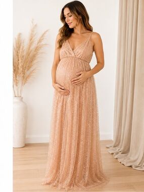 Elegant Nude Sequin Maternity Gown - Sparkle Maxi Dress
